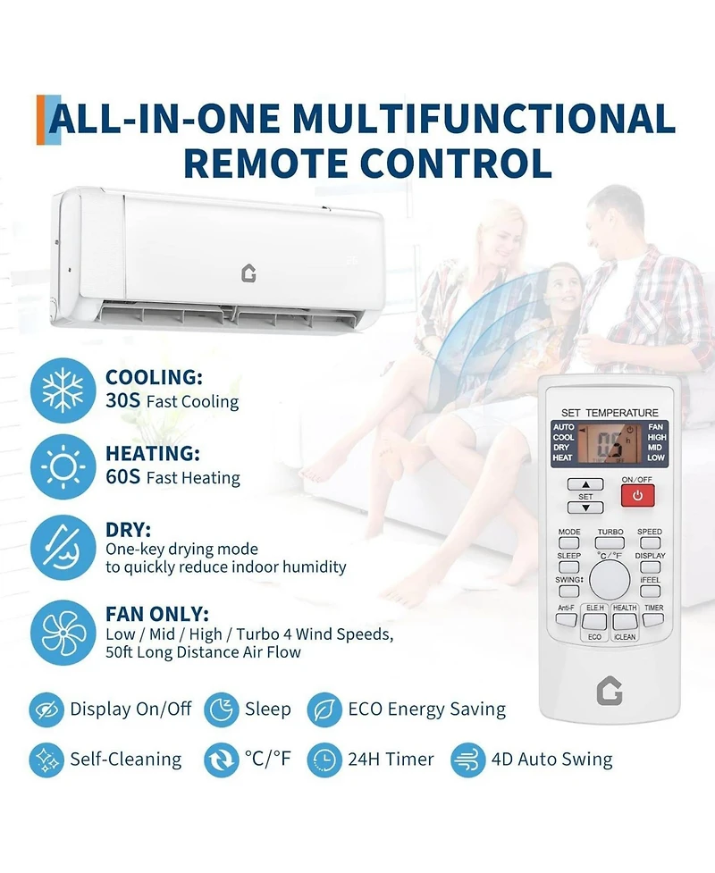 Xo 12,000 Btu Mini Split Air Conditioner and Heat Pump, Cools and Heats Up to 750 Sq.ft. with WiFi, Alexa Control, 208-230v