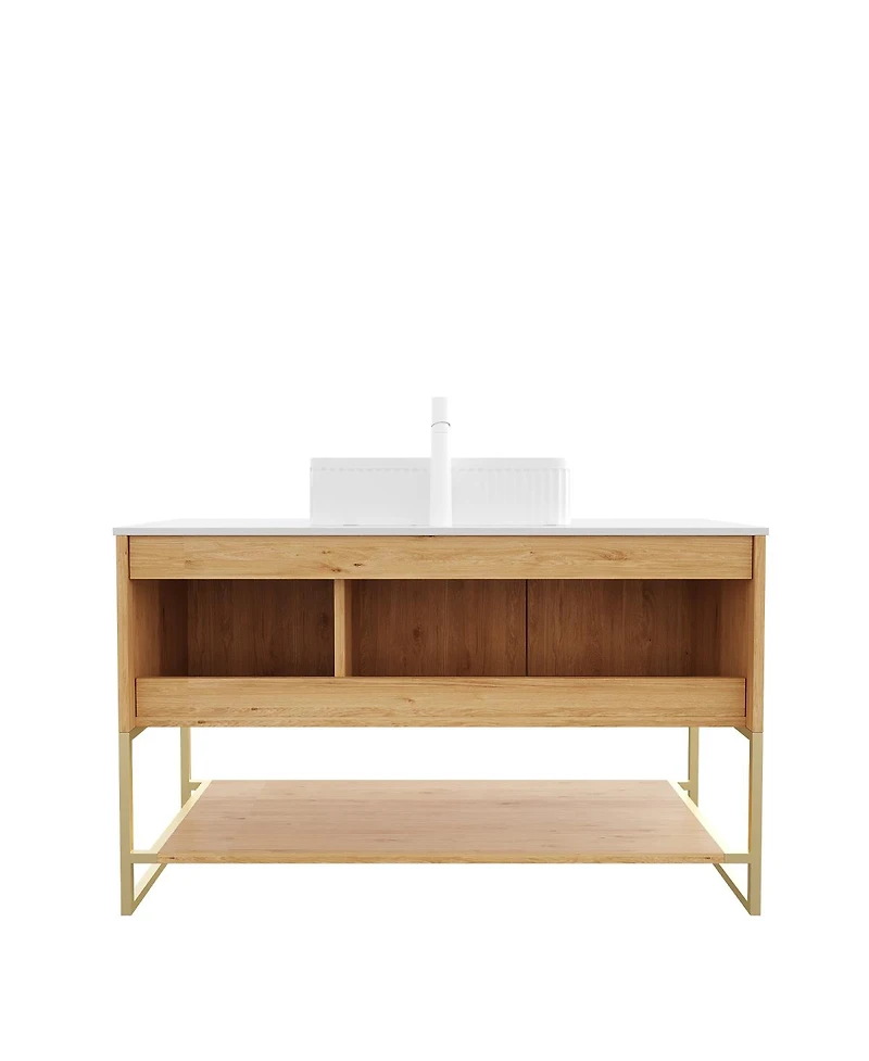 Sillysis 47.6 Inch Bathroom Vanity with Ceramic Basin, Carrara Sintered Stone Countertop, 3 Door Storage Cabinet and Open Shelf