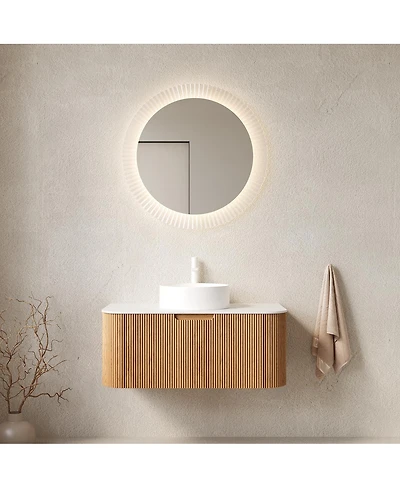 Sillysis Wall Mounted Bathroom Vanity with Sintered Stone Top, Ceramic Vessel Sink, 3D Wood Grain Drawer