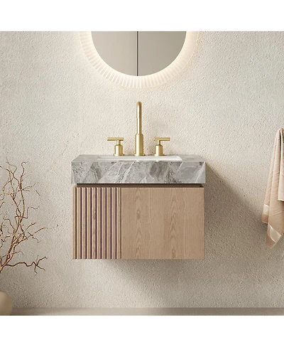 Sillysis Inches Wall Mount Bathroom Vanity with Sintered Stone Top, Ceramic Undermount Sink, Soft Close Storage Cabinet