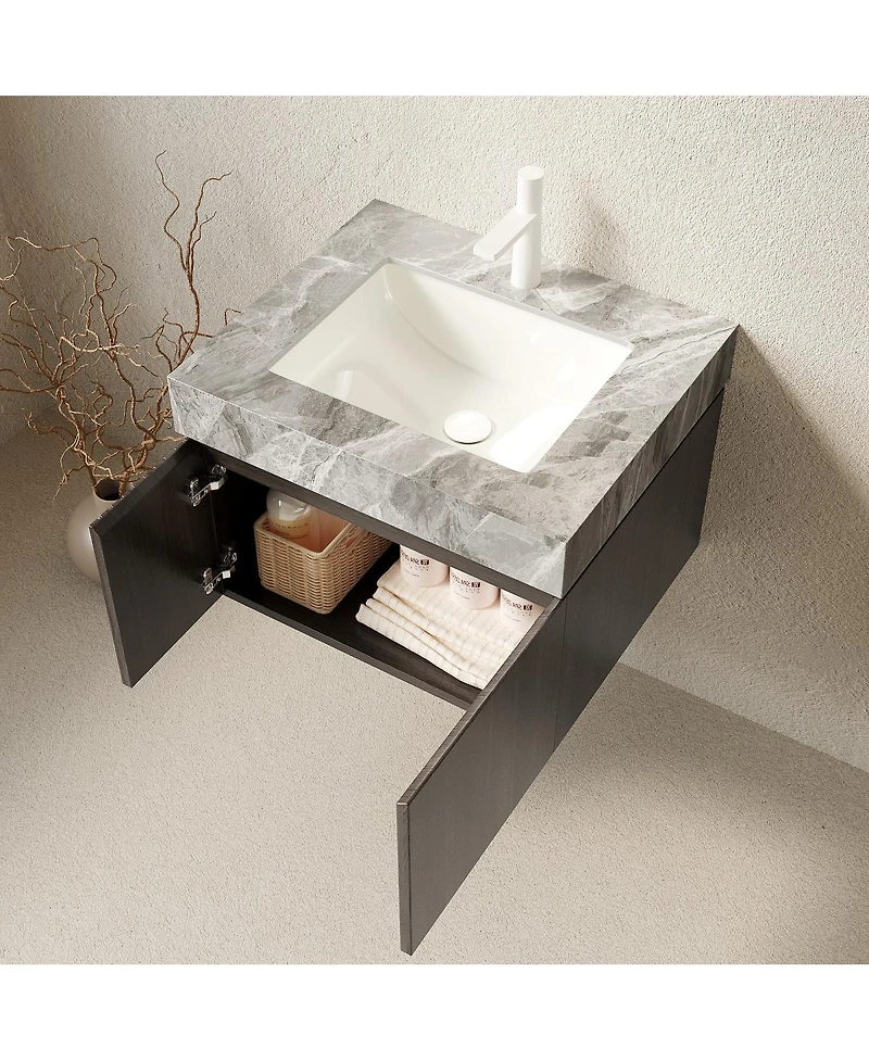 Sillysis 24 Inches Floating Bathroom Vanity with Italian Sintered Stone Top, Plywood Cabinet, Ceramic Sink, Soft Close Storage, Pre-assembled