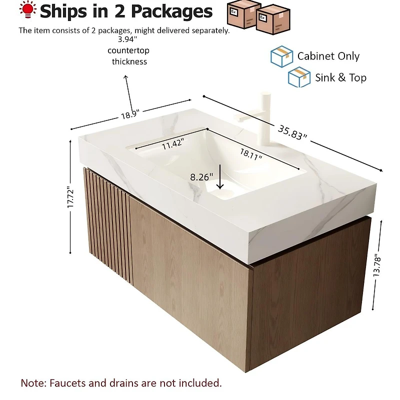 Sillysis Wall Mounted Bathroom Vanity, Sintered Stone Top, Carrara Ceramic Sink, Soft Close Cabinet