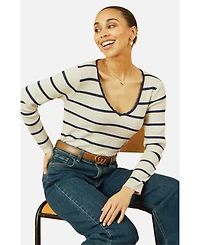 Yumi Women's Metallic Stripe Knitted Ribbed Top