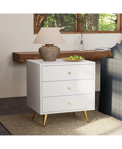 Homsee Modern 3-Drawer Nightstand - White & Gold Bedroom Cabinet | 19.7"x15.7"x20.9" | Bedside Table Organizer