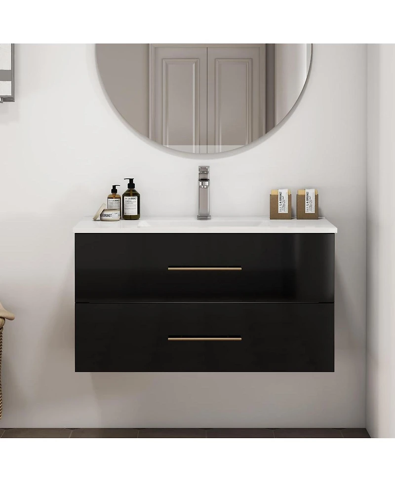 Sillysis Wall Mounted Bathroom Vanity with Ceramic Sink, Double Drawers, Modern Glossy Cabinet for Small Spaces