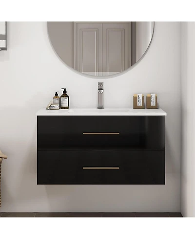 Sillysis Wall Mounted Bathroom Vanity with Ceramic Sink, Double Drawers, Modern Glossy Cabinet for Small Spaces