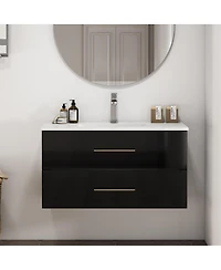 Sillysis Wall Mounted Bathroom Vanity with Ceramic Sink, Double Drawers, Modern Glossy Cabinet for Small Spaces