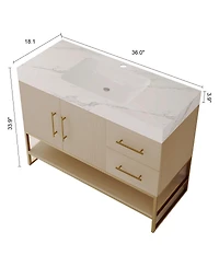 Sillysis 36 Inch Freestanding Bathroom Vanity, Sintered Stone Top, Seamless Ceramic Sink, Gold Steel Frame, 2 Drawers Open Shelf Storage