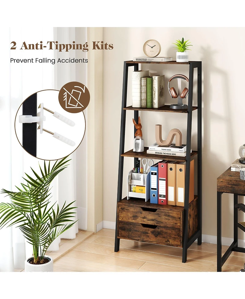 Gymax 4 tier Bookshelf with 2 Storage Drawers Sturdy Metal Frame Anti Toppling Devices