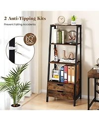 Gymax 4 tier Bookshelf with 2 Storage Drawers Sturdy Metal Frame Anti Toppling Devices