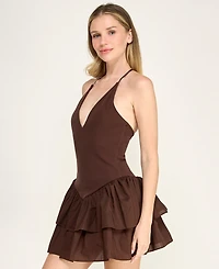 Rare Women's Knit to Woven Halter V-Neck Tiered Mini Dress