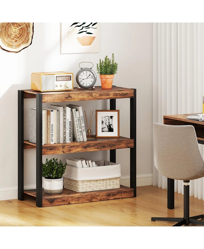 Gymax 3 Tier Bookshelf Wooden Bookcase with Dual Anti Tipping Kits Open Shelving Unit