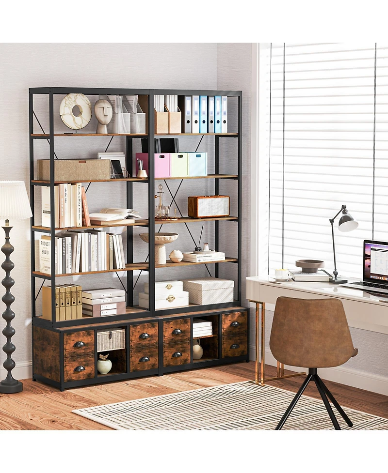 Gymax 2 Pieces 8 tier Bookshelf 79 Inch Freestanding Bookcase with 4 Fabric Drawers and Storage