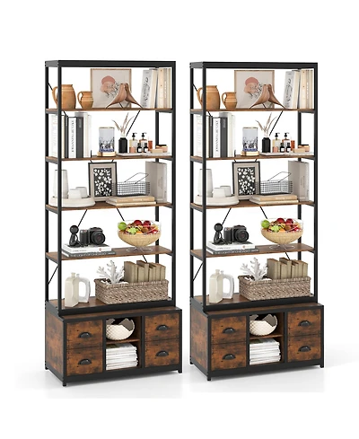Gymax 2 Pieces 8 tier Bookshelf 79 Inch Freestanding Bookcase with 4 Fabric Drawers and Storage