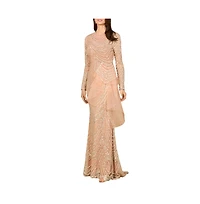 Lara Women's Beaded Long Sleeve Gown with Tulle Applique
