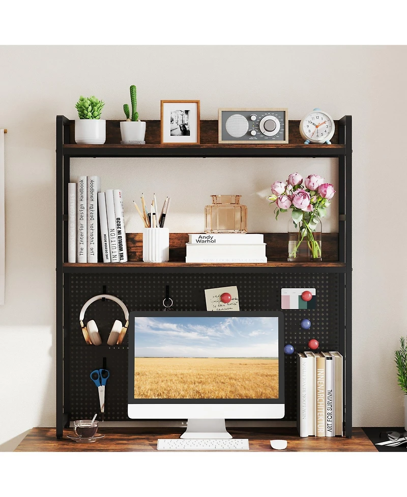 Gymax 2 Tier Countertop Desktop Bookshelf with Metal Pegboard 2 Anti Tipping Devices