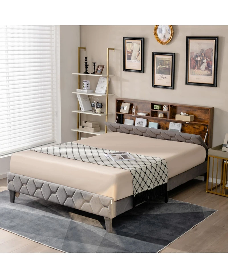 Gouun Full Size Velvet Upholstered Bed Frame with Multi-Compartment Storage Headboard