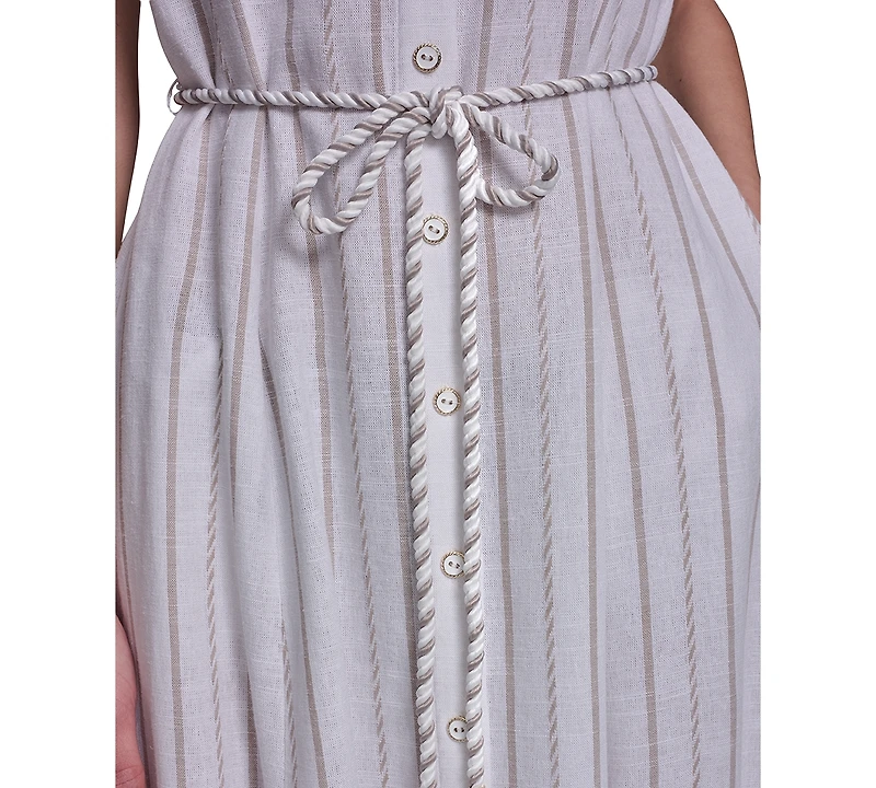 Karl Lagerfeld Paris Women's Striped Linen Midi with Rope Belt Shirtdress