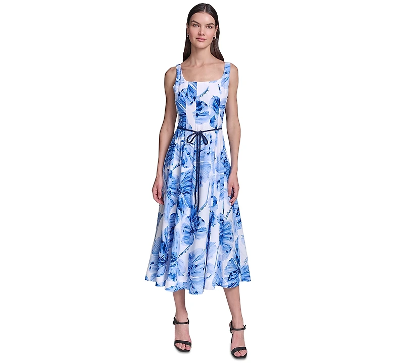 Karl Lagerfeld Paris Women's Floral Fit & Flare Belted Midi Dress