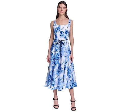 Karl Lagerfeld Paris Women's Floral Fit & Flare Belted Midi Dress