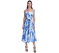 Karl Lagerfeld Paris Women's Floral Fit & Flare Belted Midi Dress