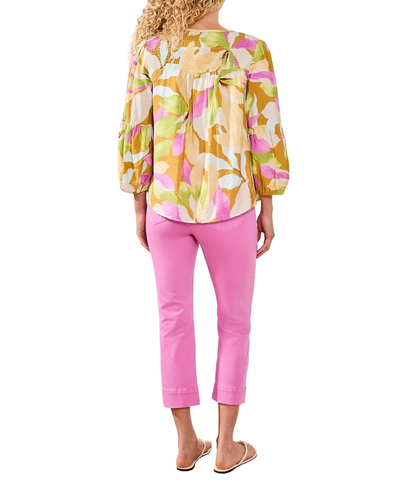 Tribal Women's Printed Challis Smocked Yoke Top