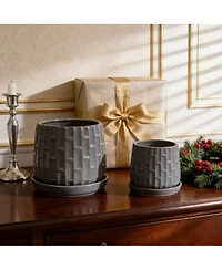 Clihome Handmade Glazed Ceramic Planter Set of 2, Vertical Ribbed Pattern, for Indoor or Outdoor Shelf and Table Use, Breathable Clay with Saucers