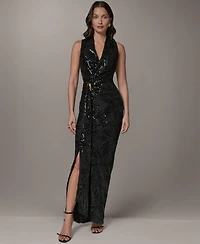 Donna Karan New York Women's Sequin Mesh V-Neck Long Wrap Dress