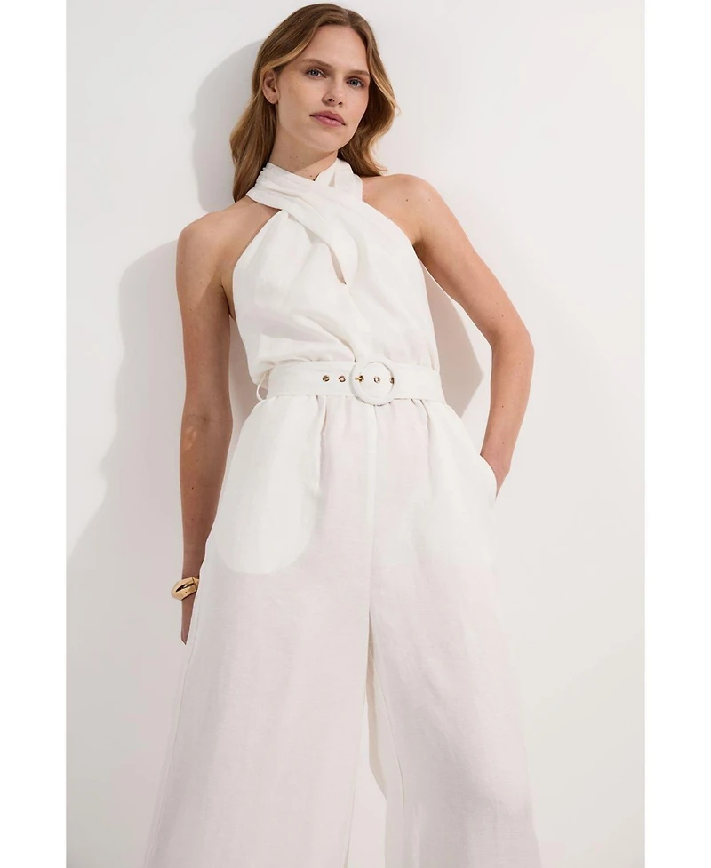Karen Millen Women's Linen Blend Wide Leg Belted Jumpsuit
