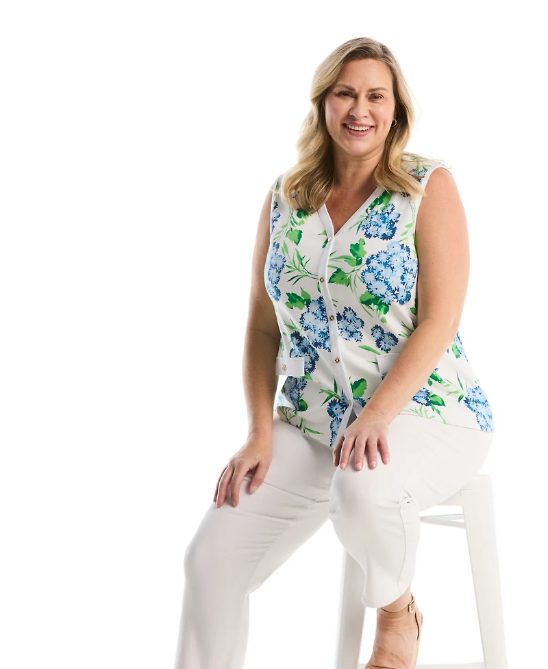 Rafaella Plus Pom Floral Print Button Front Sleeveless Tank Top