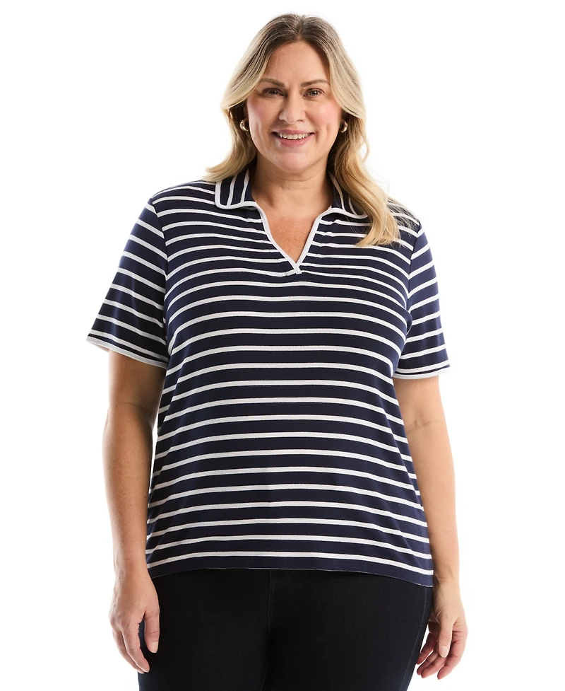 Rafaella Plus Striped Contrast Trim Johnny Collar Short Sleeve Polo Shirt