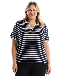 Rafaella Plus Striped Contrast Trim Johnny Collar Short Sleeve Polo Shirt