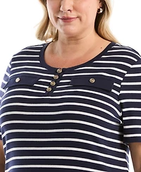 Rafaella Plus SizeStriped Welt Pocket Button Detail Short Sleeve Top