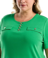 Rafaella Plus Welt Pocket Button Detail Short Sleeve Top