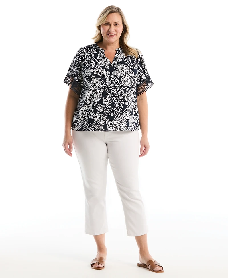 Rafaella Plus Paisley Print Flutter Lace Short Sleeve Blouse