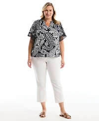 Rafaella Plus Paisley Print Flutter Lace Short Sleeve Blouse