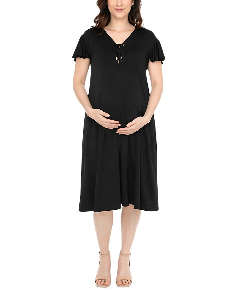 White Mark Women's Flutter-Sleeve Tie-Neck Maternity Dress