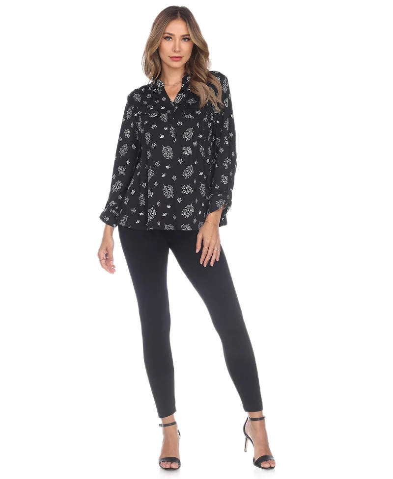 White Mark Women's Printed Long-Sleeve Button-Front Top