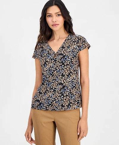 Anne Klein Essentials Printed Pleated-Neck Cap-Sleeve Top