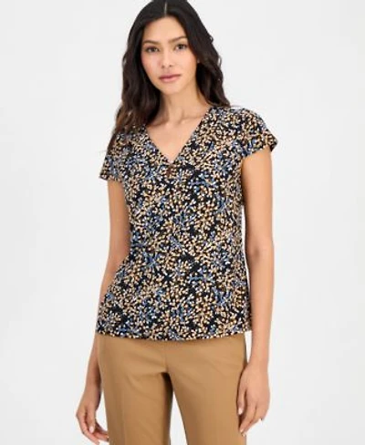 Anne Klein Essentials Womens Printed Pleated Neck Cap Sleeve Top