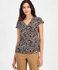 Anne Klein Essentials Womens Printed Pleated Neck Cap Sleeve Top