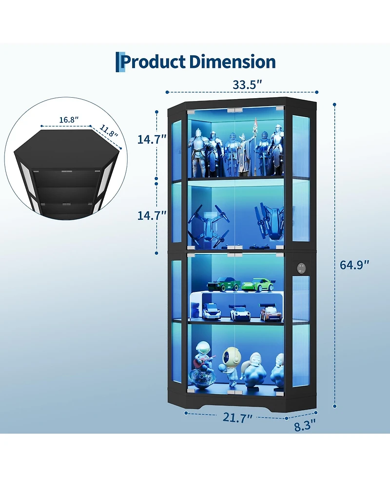 homfan Hexagon Corner Display Cabinet with Tempered Glass Doors, Motion Sensor Led Lighting and Built-In Usb/Usb-c Charging Ports