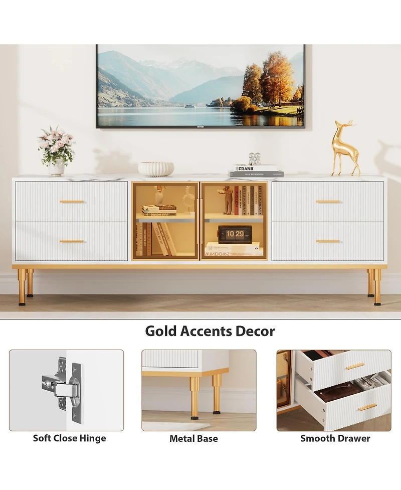 homfan Contemporary Fluted Tv Stand with Adjustable Led Lighting, Drawers and Open Shelves, Reinforced Engineered Wood Metal Legs