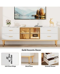 homfan Contemporary Fluted Tv Stand with Adjustable Led Lighting, Drawers and Open Shelves, Reinforced Engineered Wood Metal Legs