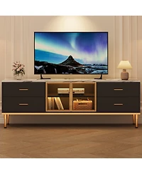 homfan Contemporary Fluted Tv Stand with Adjustable Led Lighting, Drawers and Open Shelves, Reinforced Engineered Wood Metal Legs