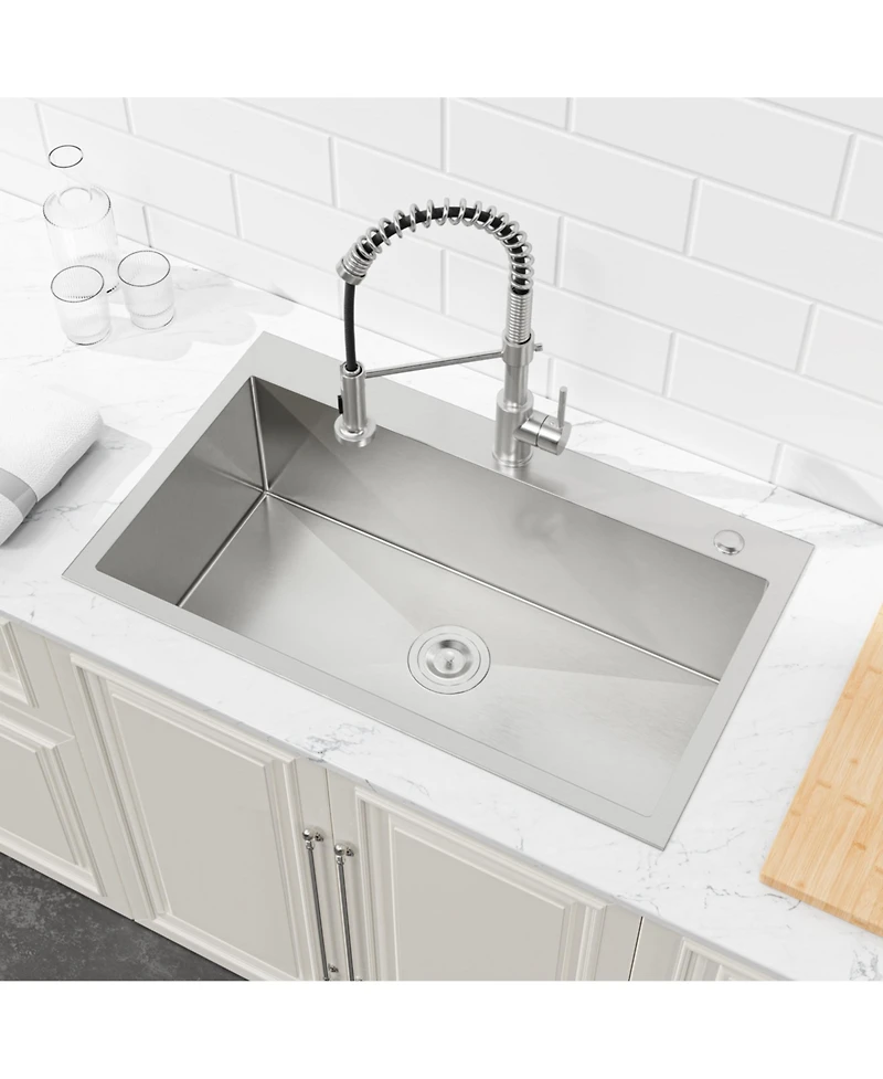 Busdays 32 x 19 Inch Stainless Steel Kitchen Sink Single Bowl Overmount Handmade Brushed Nickel with Us Standard Drain and Hook