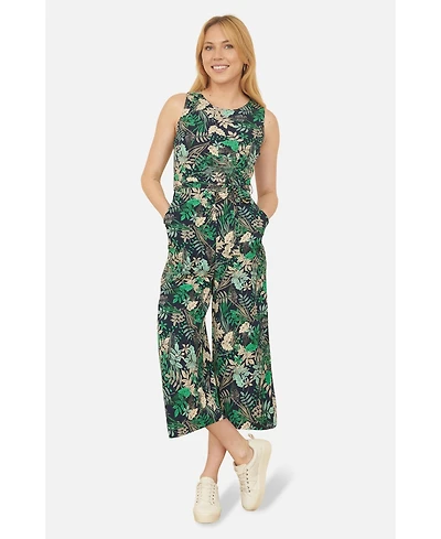 Yumi Women's Sleeveless Leaf Print Culotte Jumpsuit
