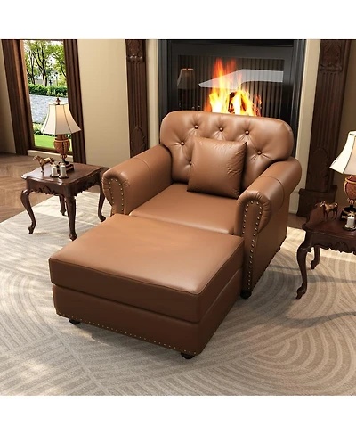 Maison Boucle 41.3'' Faux Leather Sofa Chair and Ottoman Set 2PC, Nailhead Tufted