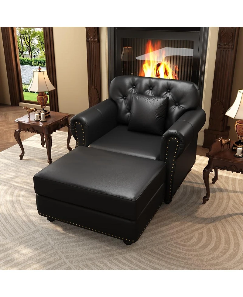 Maison Boucle 41.3'' Faux Leather Sofa Chair and Ottoman Set 2PC, Nailhead Tufted