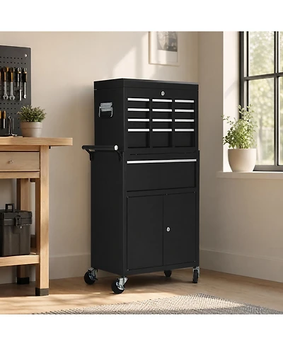 Homfan rolling steel tool chest with detachable top box, lockable drawers and cabinet, swivel casters, side handles, and rust-resistant finish